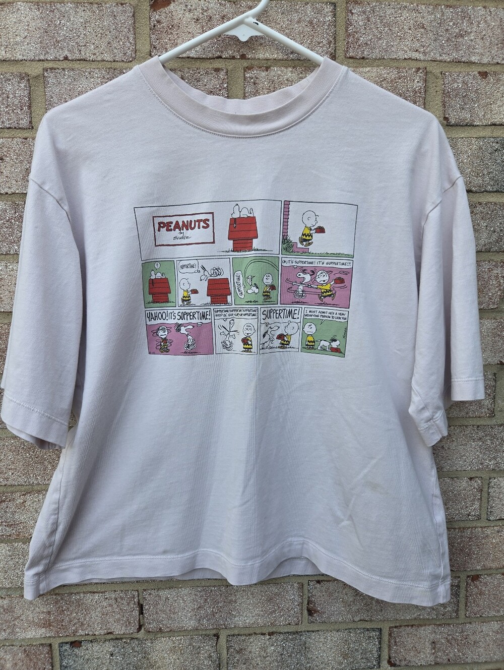 Uniqlo UT Peanuts Boxy Short Sleeve Tee -Light Pink Multicolor Comic Print  Sz S